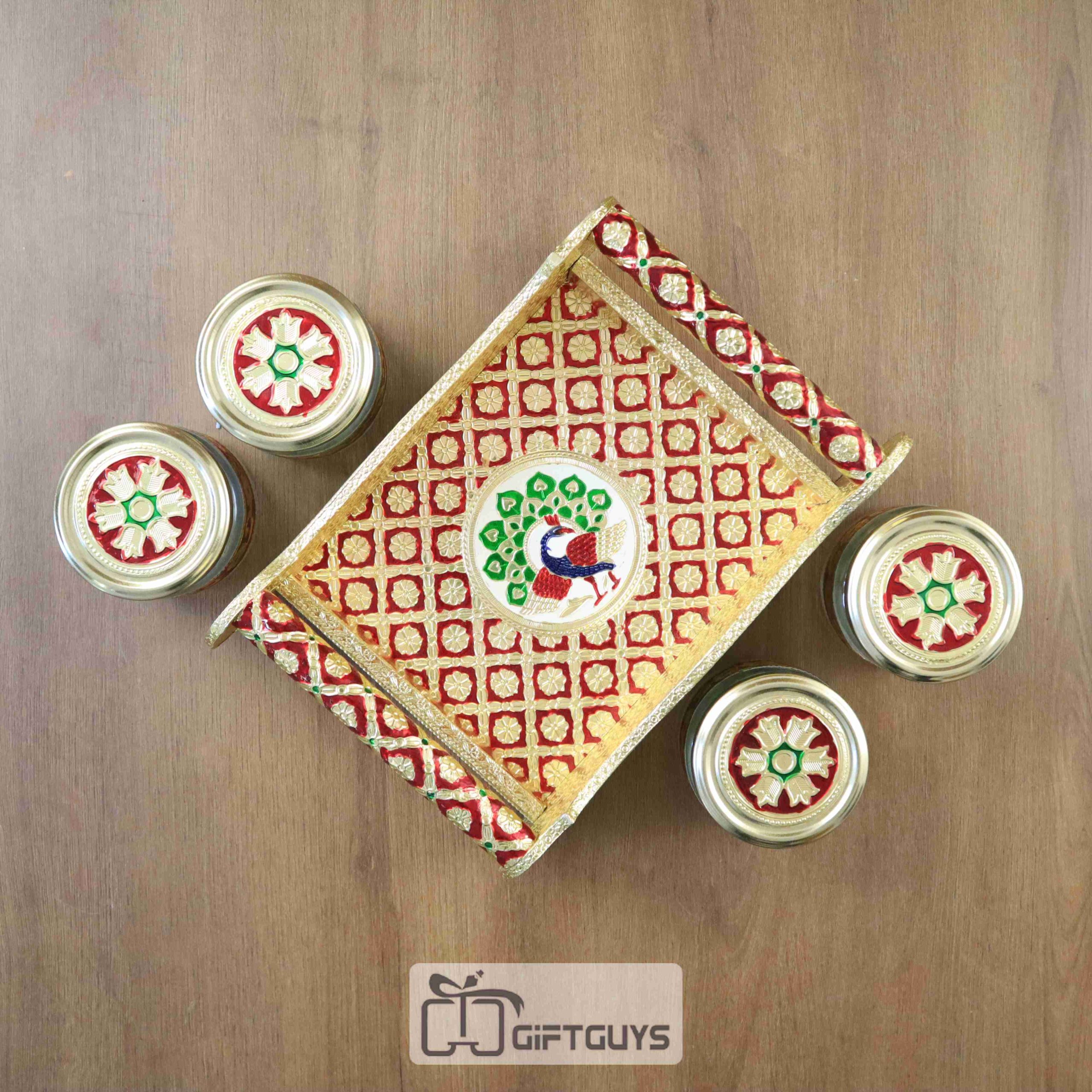 Meenakari Peacock Designed Tray With 4 Jar - Image 4