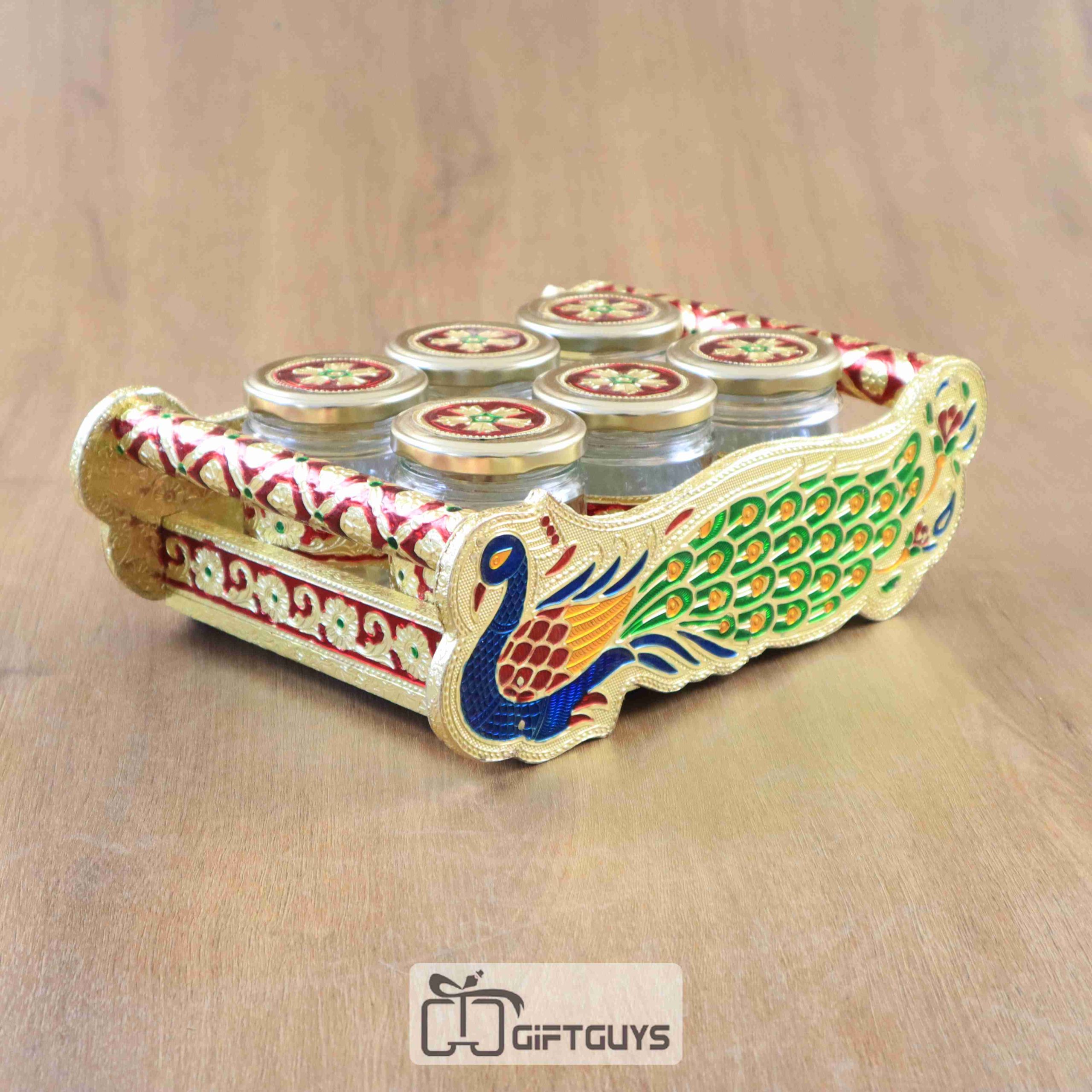 Meenakari Peacock Designed Tray With 6 Jar