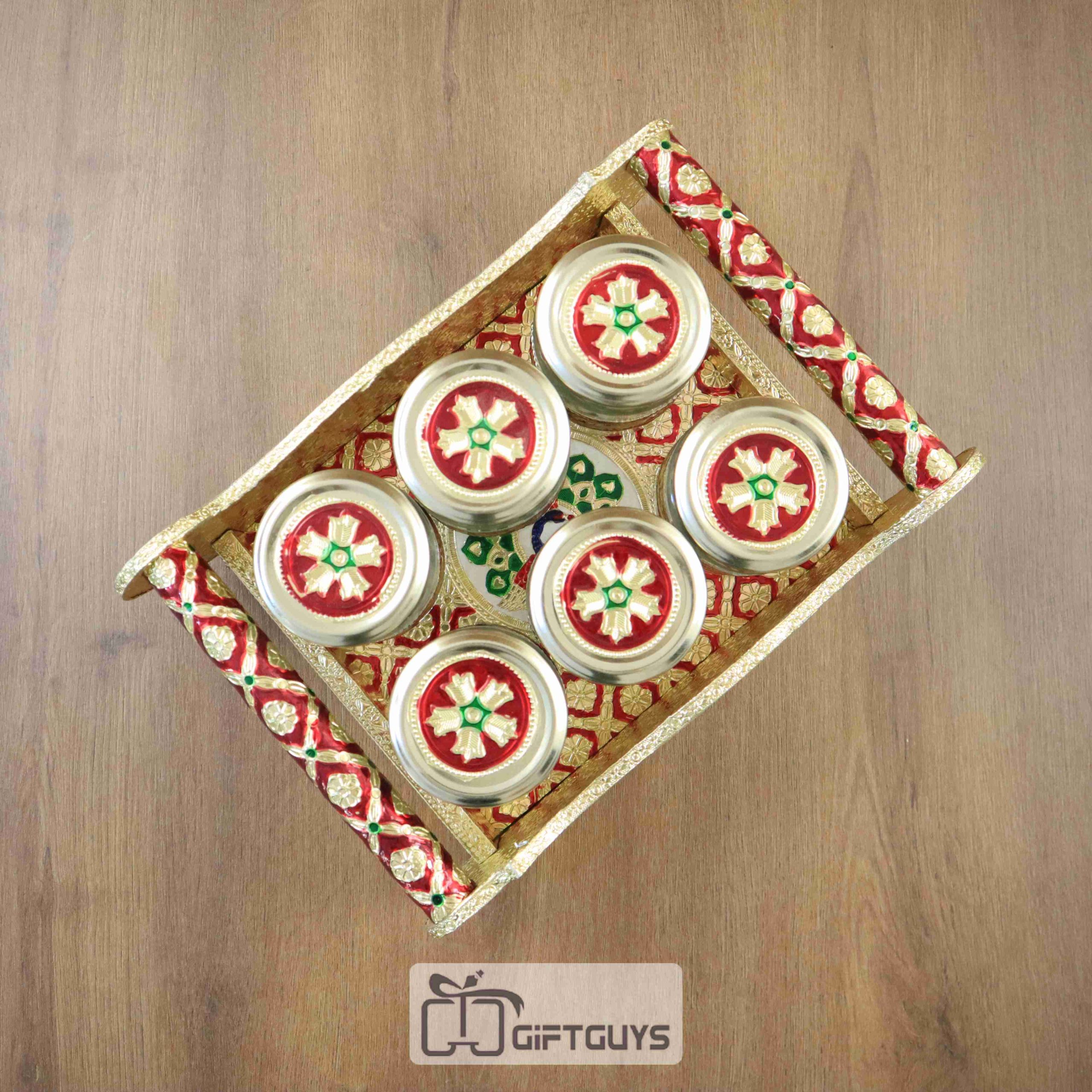 Meenakari Peacock Designed Tray With 6 Jar - Image 3