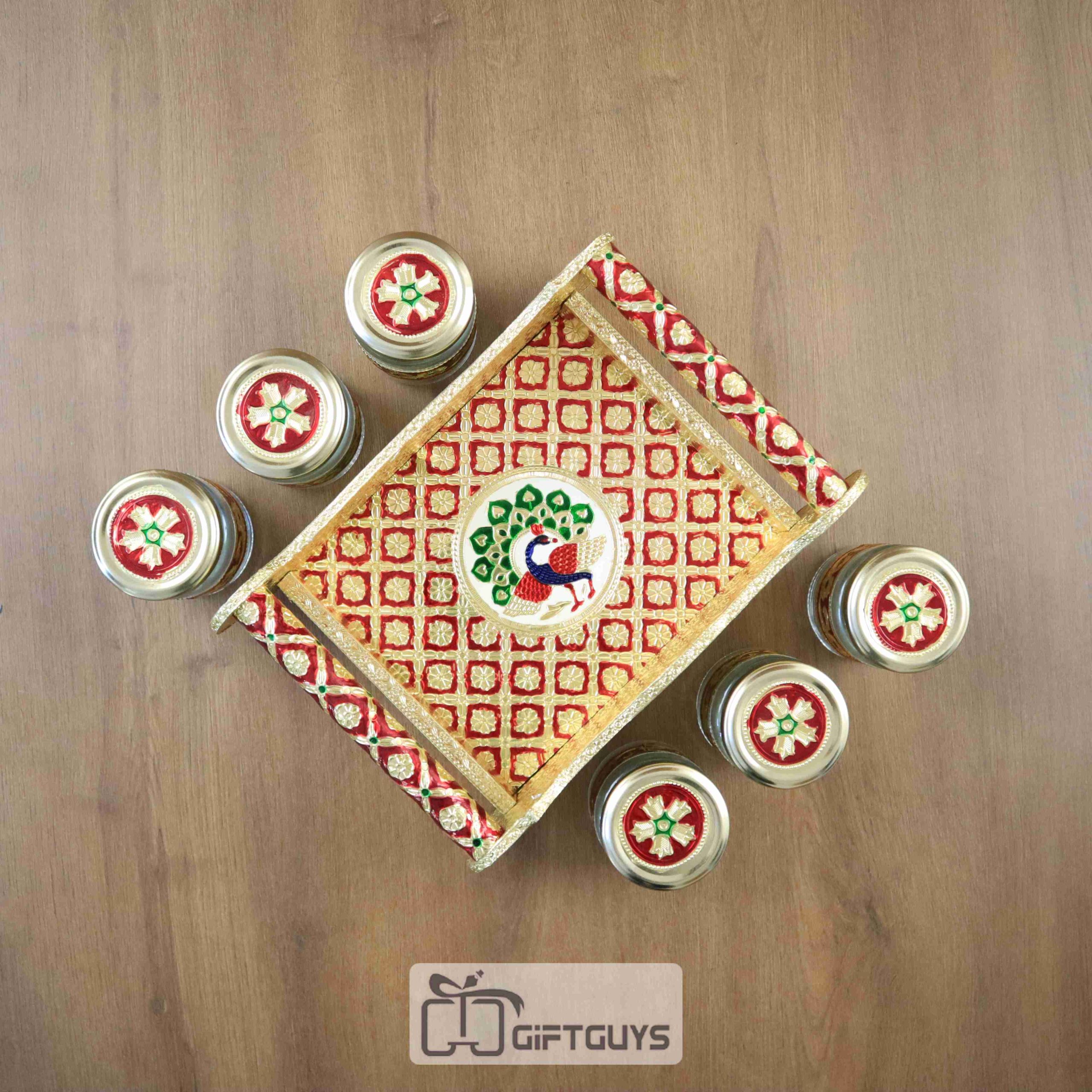 Meenakari Peacock Designed Tray With 6 Jar - Image 4