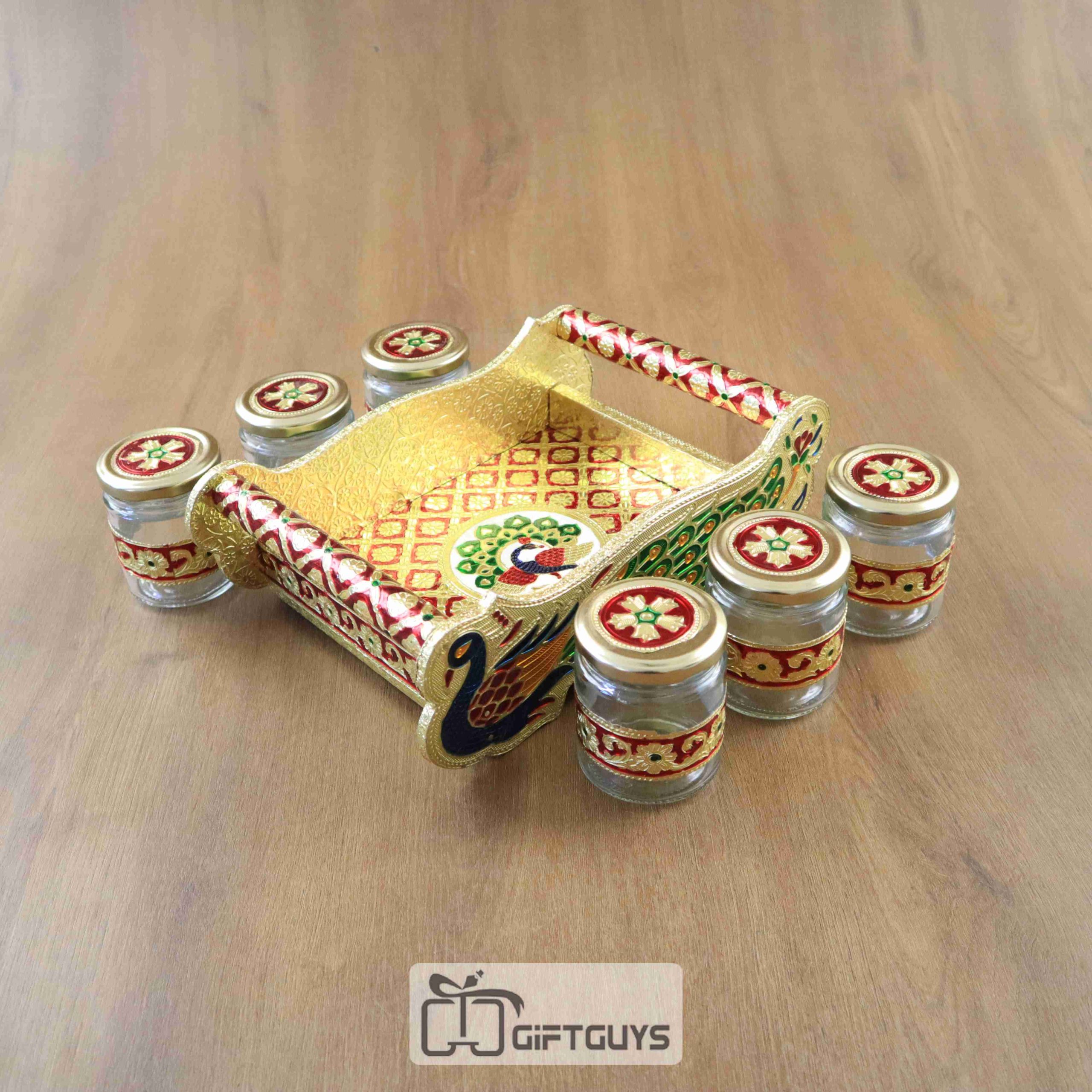 Meenakari Peacock Designed Tray With 6 Jar - Image 5