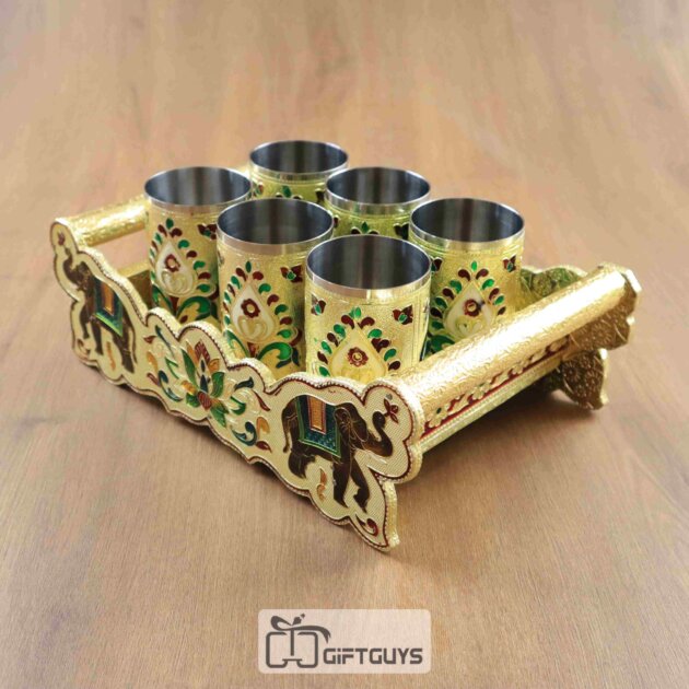 Meenakari Wooden Elephant Tray Set with 6 Matching Steel Glasses – Decorative Gift Set