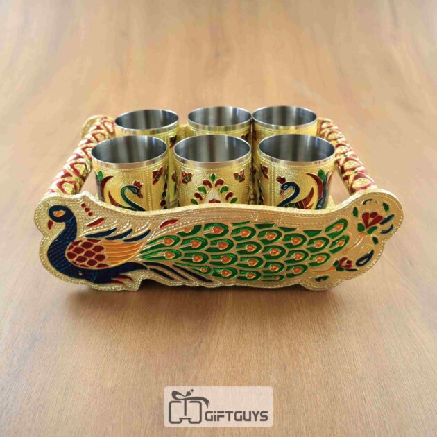 Meenakari Wooden Peacock Tray Set with 6 Matching Steel Glasses – Decorative Gift Set