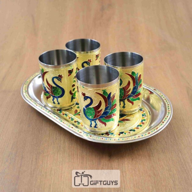 Handcrafted Meenakari Tray Set with 4 Glasses – 11 x 7.5 Inch, 250ml Drinkware Gift Set