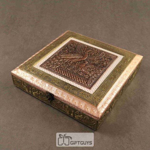 Peacock Embossed Oxidised Dry Fruit Box – 6 Section Golden Antique Finish