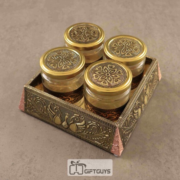 Elegant oxidised metal tray with 4 designer glass jars – ideal for gifting, spices, dry fruits or décor.