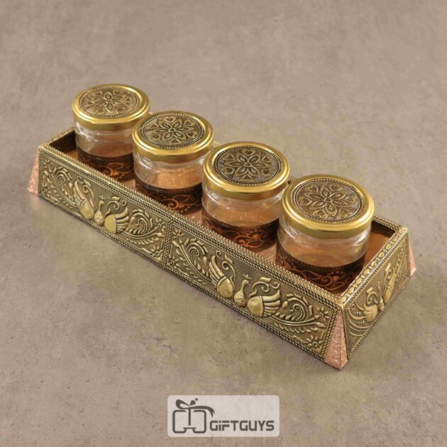 Oxidised Antique Jar Set with Tray – 4 Decorative Glass Jars with Designer Tray