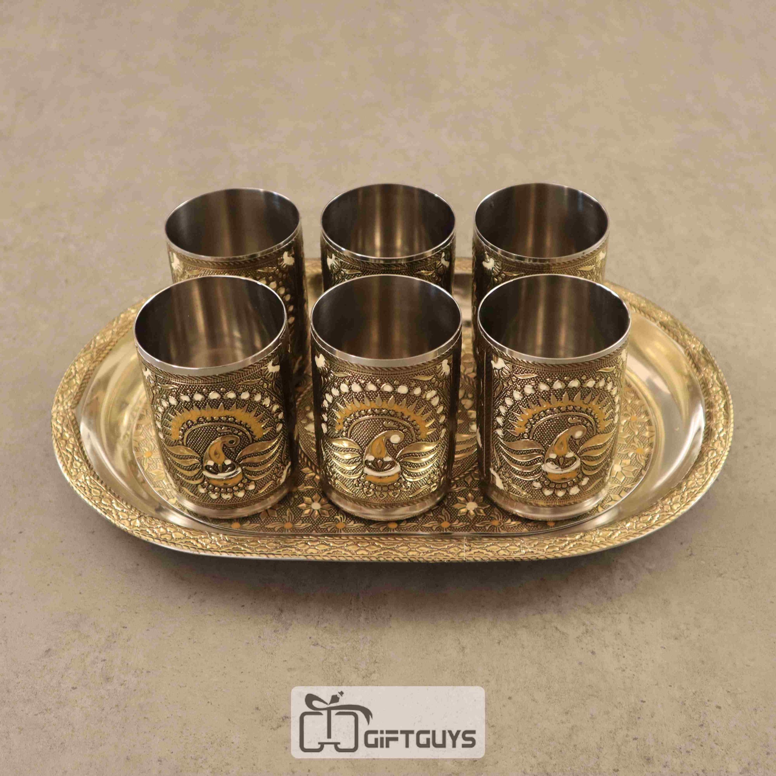 Handcrafted Meenakari Tray Set with 6 Glasses – 12 x 8.5 Inch, 250ml Drinkware Gift Set - Image 2
