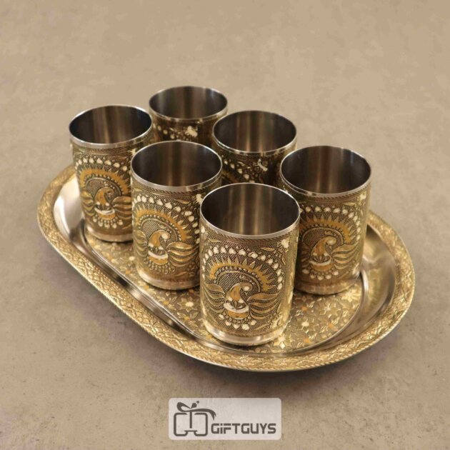 Handcrafted Meenakari Tray Set with 6 Glasses – 12 x 8.5 Inch, 250ml Drinkware Gift Set
