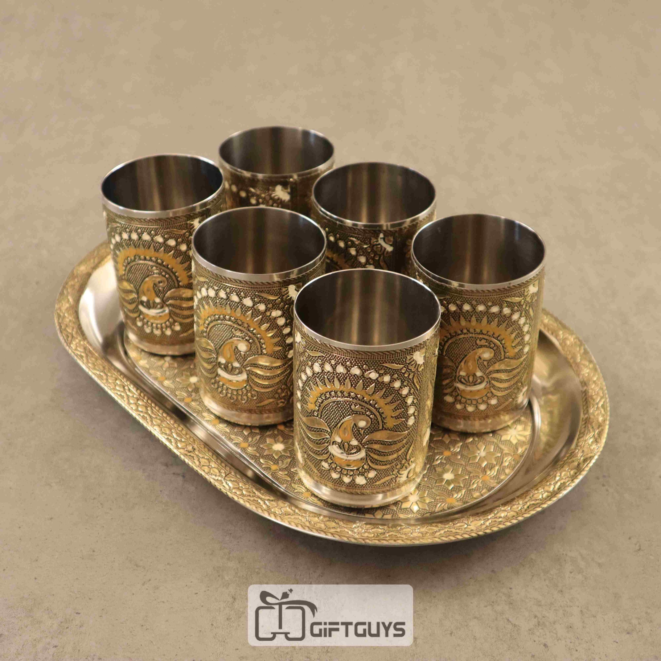Handcrafted Meenakari Tray Set with 6 Glasses – 12 x 8.5 Inch, 250ml Drinkware Gift Set