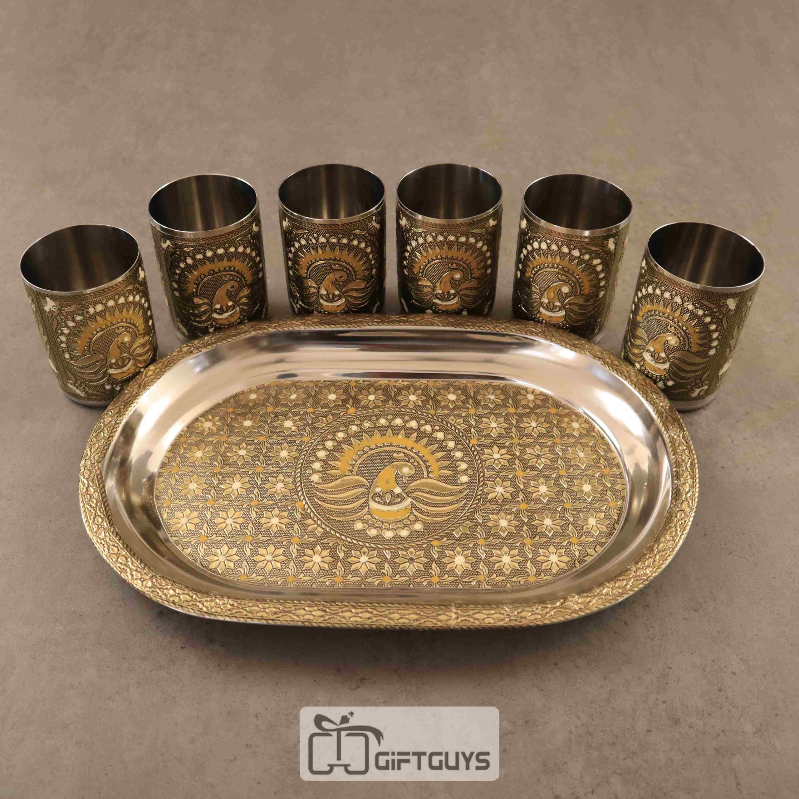 Handcrafted Meenakari Tray Set with 6 Glasses – 12 x 8.5 Inch, 250ml Drinkware Gift Set - Image 3