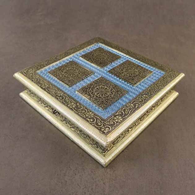 Premium Oxidised Golden Dry Fruit Box with 9 Compartments – Decorative Blue Top Lid