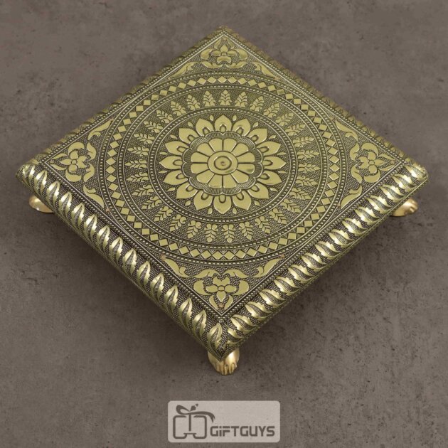 Wooden Oxidised Pooja Chowki 8x8 Inch Mandala Design for Home Temple