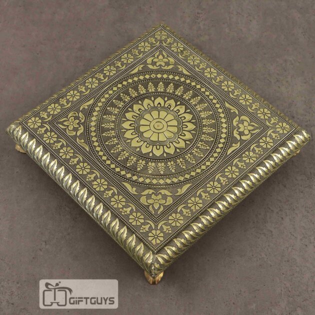Embossed Wooden Oxidised Pooja Chowki 10 X 10 Inch | Handcrafted Mandala Chowki for Temple Decor