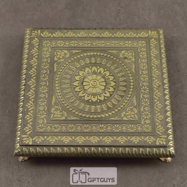 Embossed Wooden Oxidised Pooja Chowki 12 X 12 Inch | Handcrafted Mandala Chowki for Temple Decor