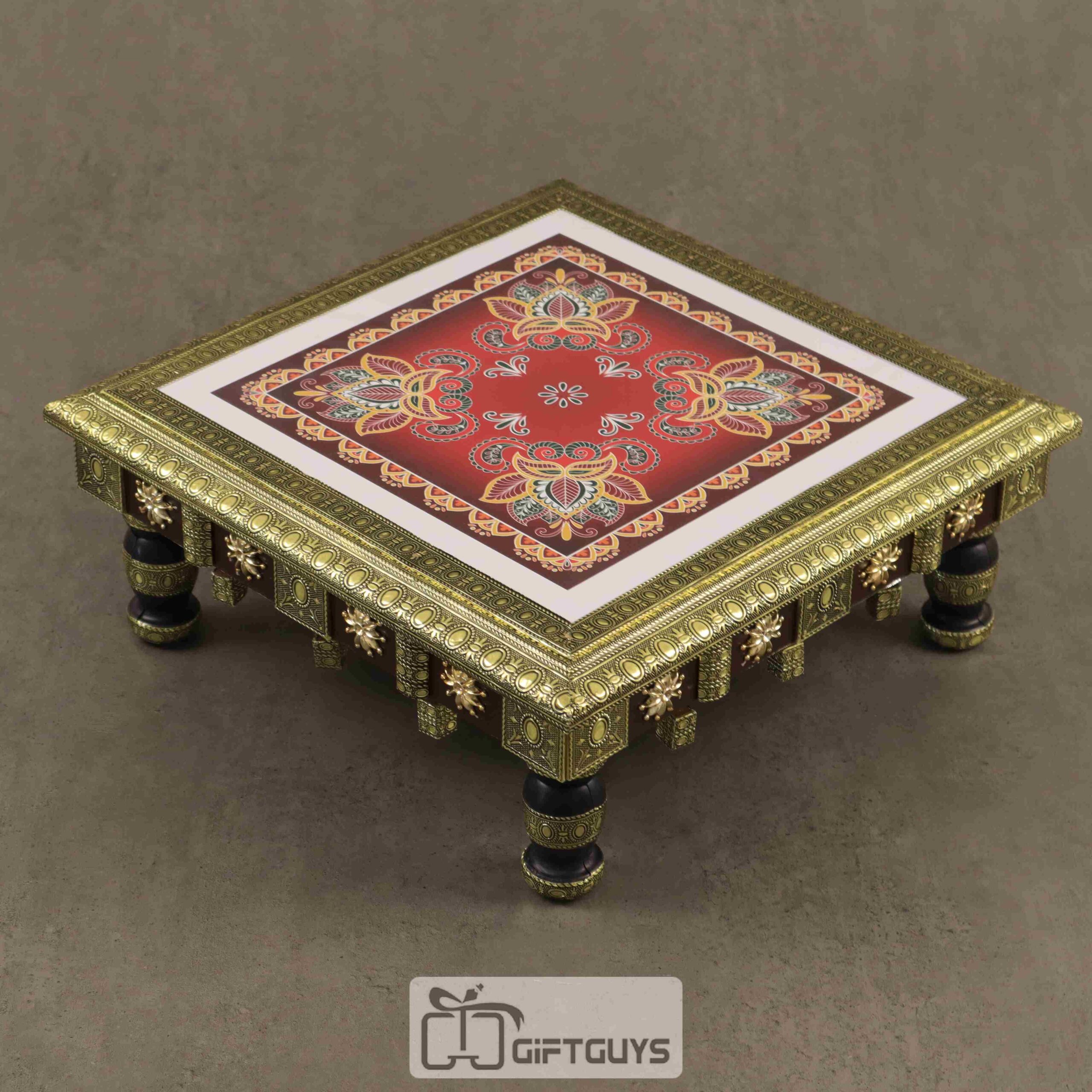 Embossed Wooden Oxidised Pooja Chowki 15x15 Inch | Traditional Handcrafted Mandala Chowki for Home Temple