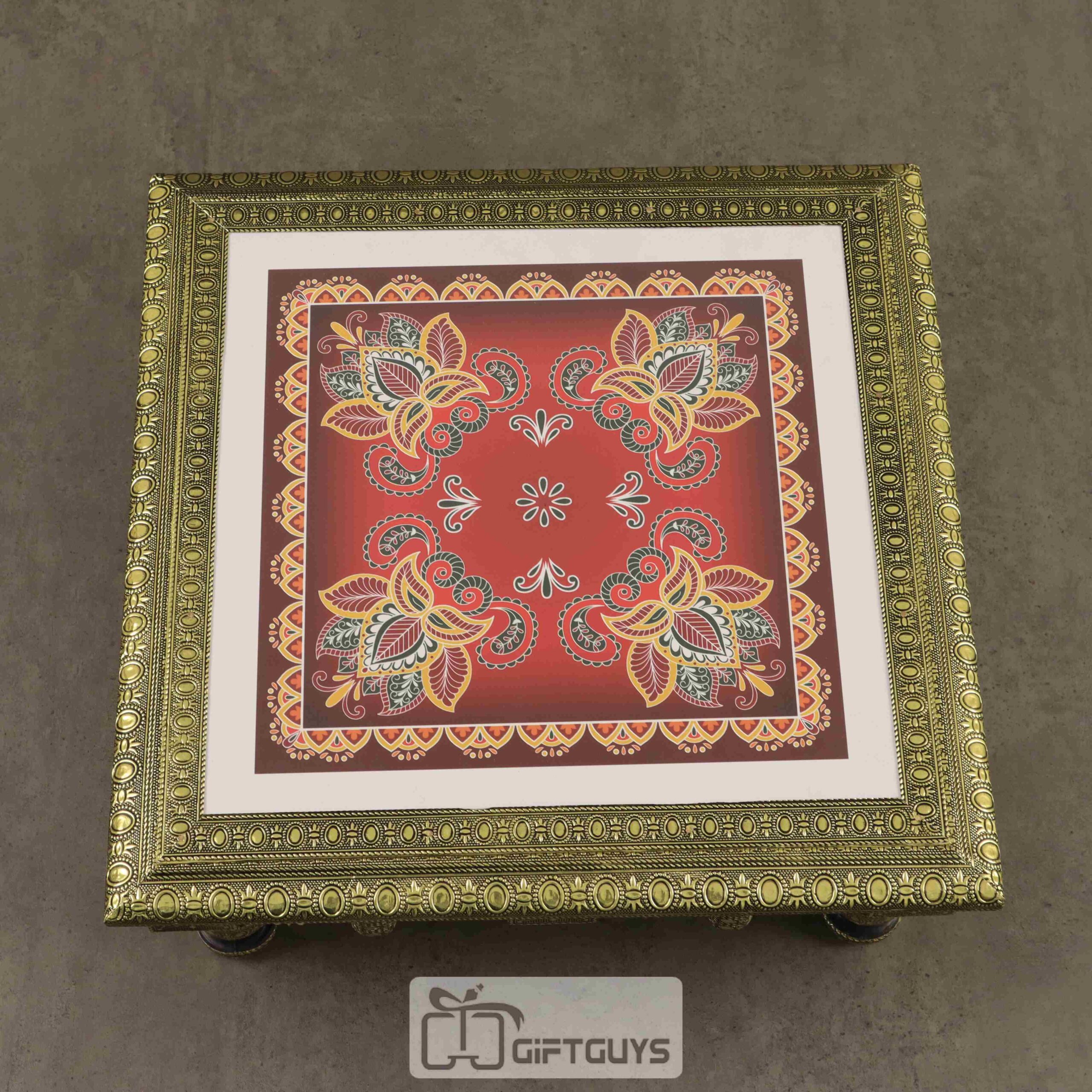 Embossed Wooden Oxidised Pooja Chowki 15x15 Inch | Traditional Handcrafted Mandala Chowki for Home Temple - Image 3
