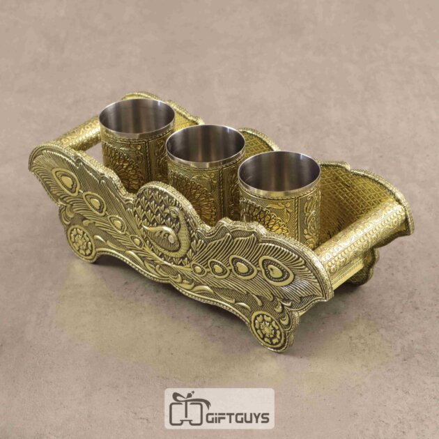 Wooden Oxidised Tray With 3 Glass