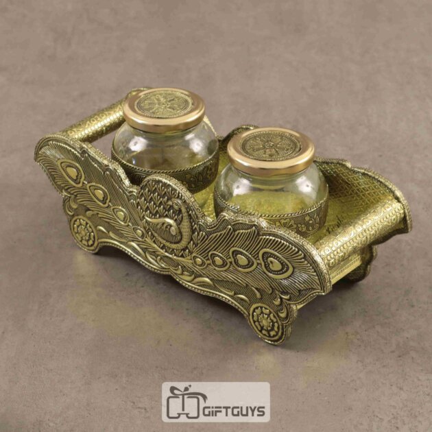 Wooden Oxidised Tray With 2 Glass Jar