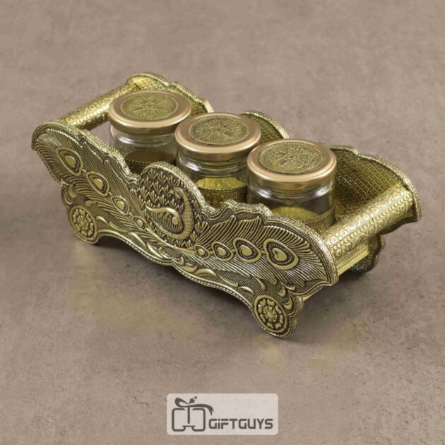 Wooden Oxidised Tray With 3 Jar