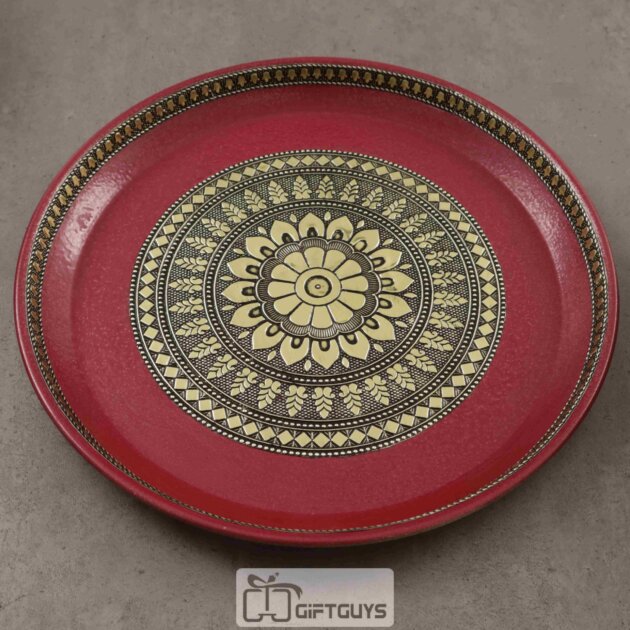 Golden Oxidised Round Plate Red Finished 10 inch