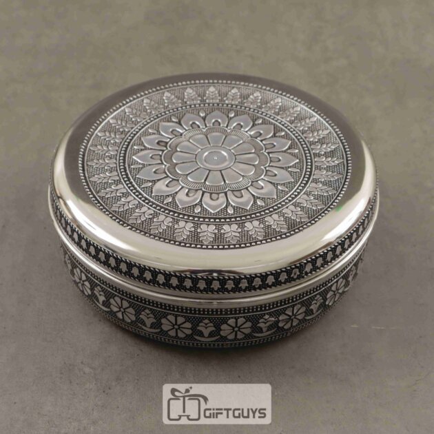 Embossed Silver Finish Steel Box – 6.5 Inch Decorative Storage & Gift Container