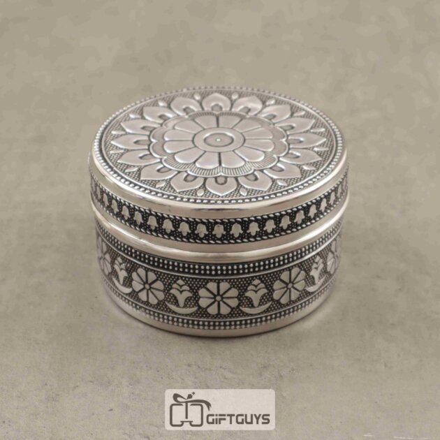 Silver Floral Design Oxidised Stainless Steel Box – Decorative Round Container (4-Inch)