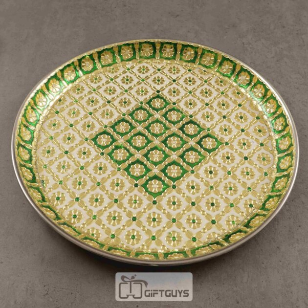 Golden Meenakari Round Plate Green & White 11 inch