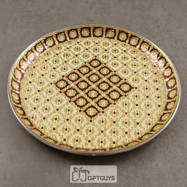 Golden Menakari Round Plate Red & White 11 inch