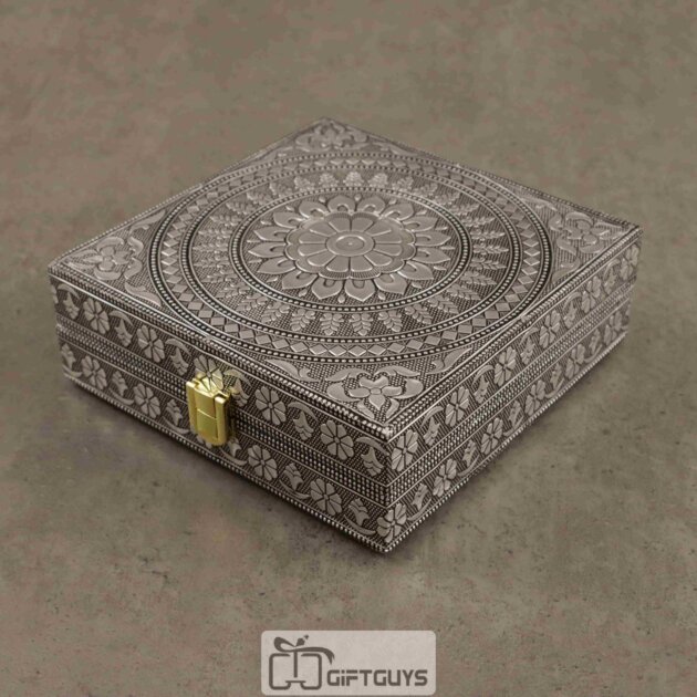 Embossed Oxidised Jewelry Box with Mirror – Antique Square Vanity Box for Women