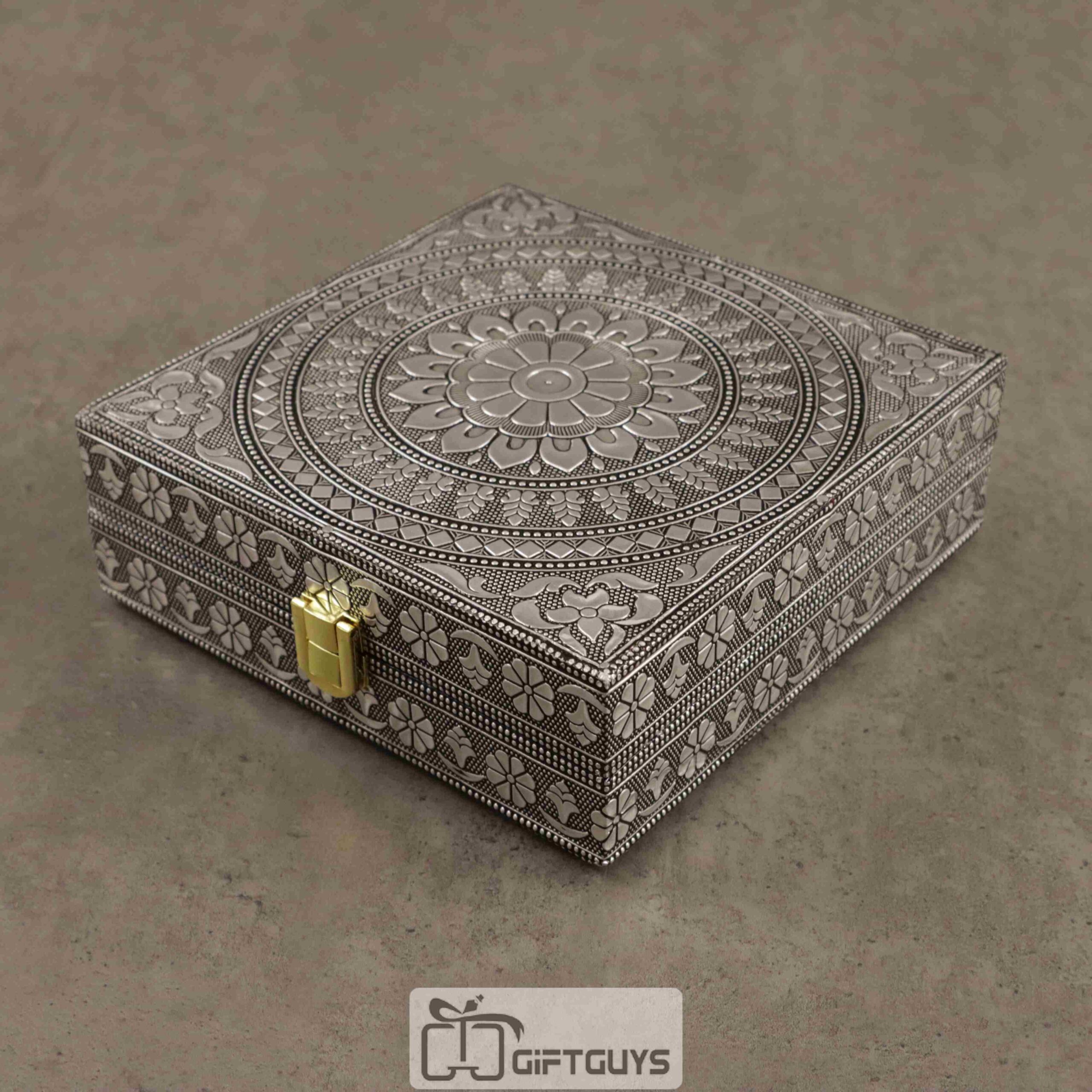 Embossed Oxidised Jewelry Box with Mirror – Antique Square Vanity Box for Women