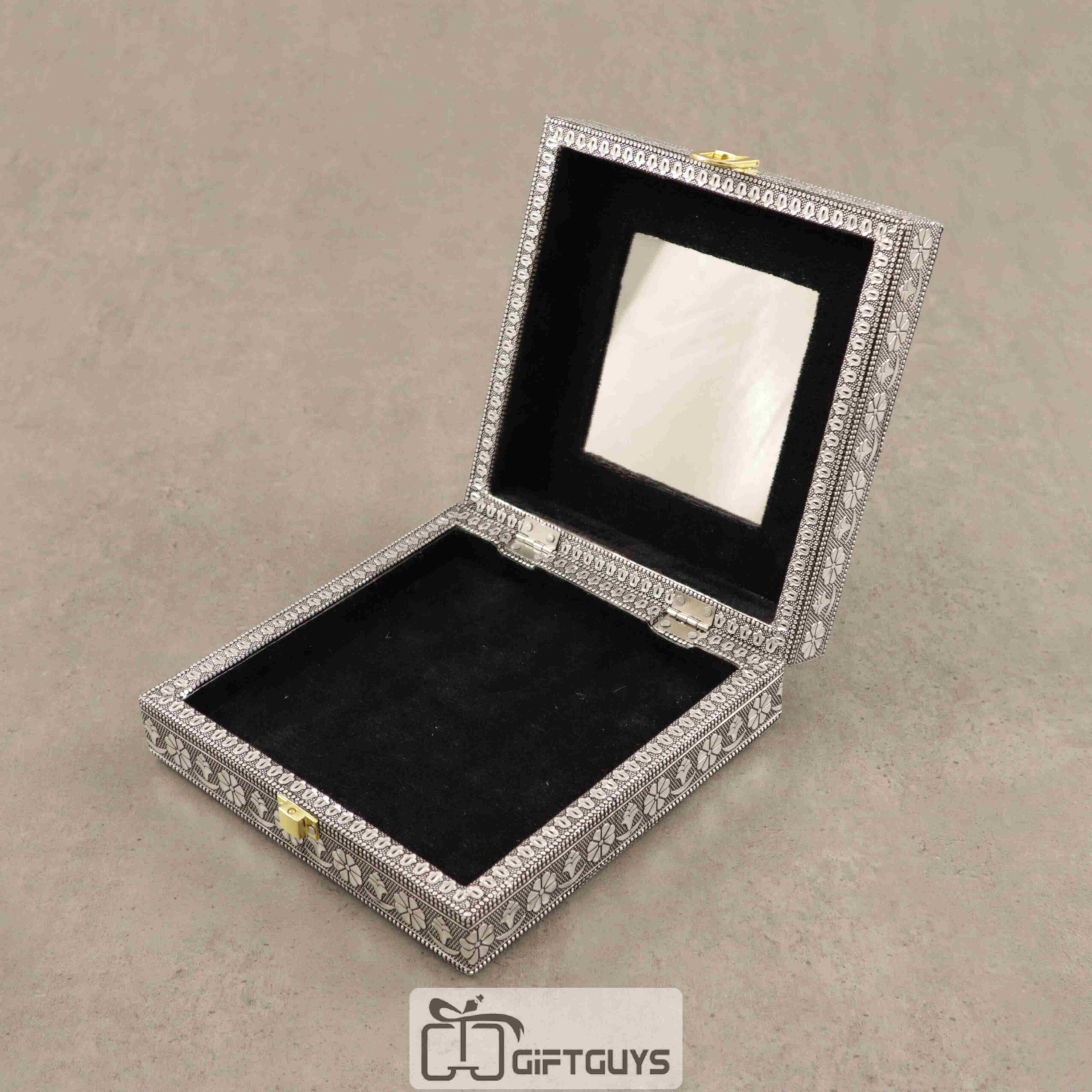 Embossed Oxidised Jewelry Box with Mirror – Antique Square Vanity Box for Women - Image 4
