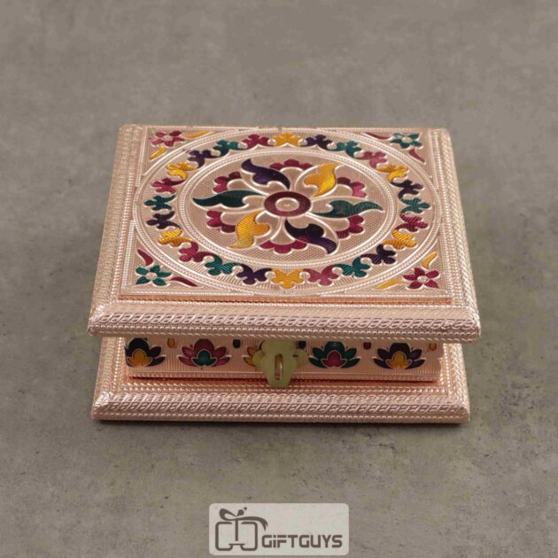 Copper Meenakari Dryfruit Box Floral Design 6 x 6 inch