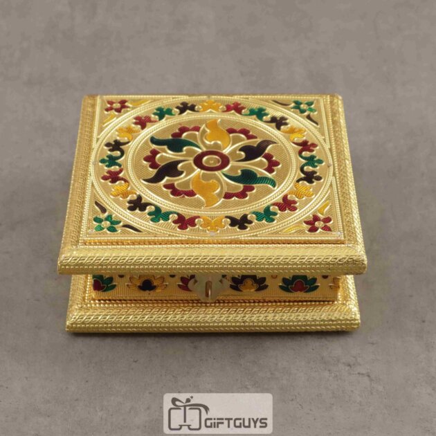 Golden Meenakari Dryfruit Box Floral Design 6 x 6 inch
