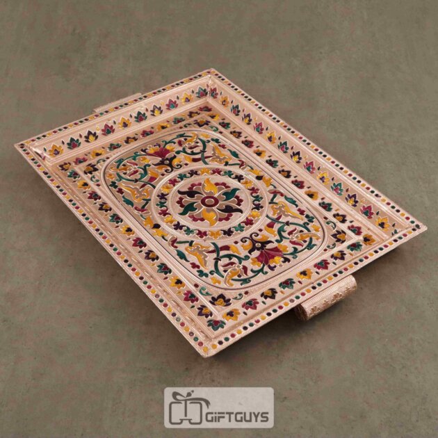 Handcrafted Meenakari Wooden Tray – 16x12 Inch Royal Embossed Serving Tray