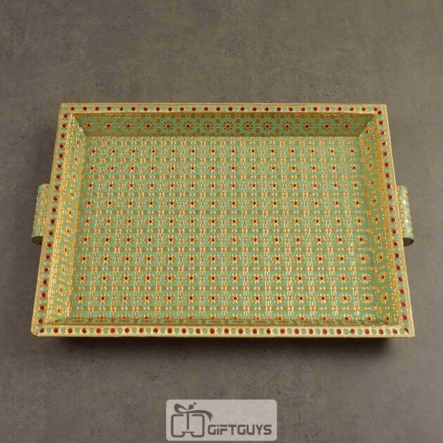 Green Meenakari Wooden Tray – 16x12 Inch Royal Serving Tray