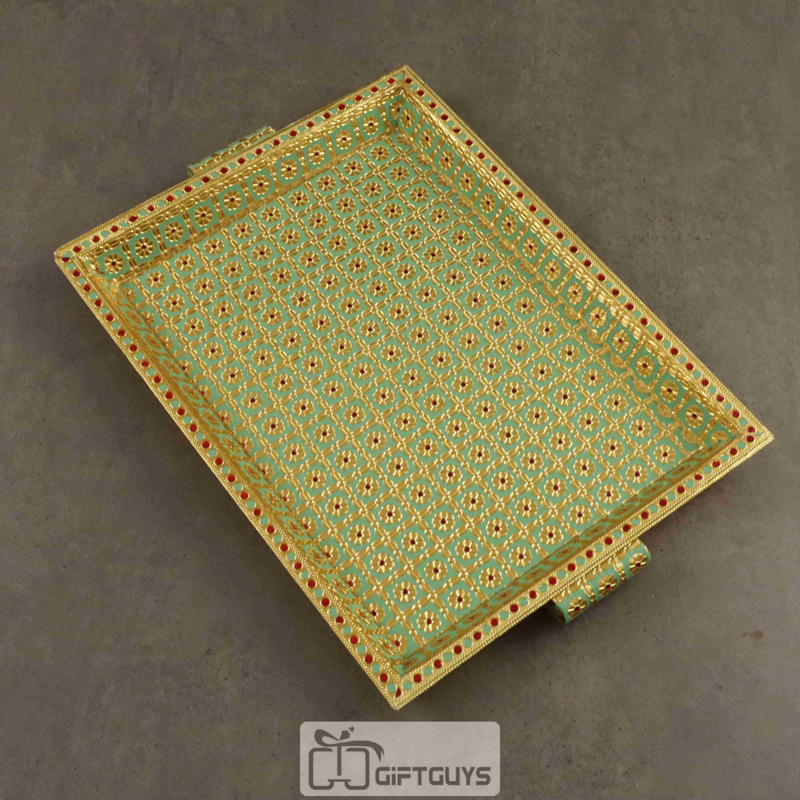 Green Meenakari Wooden Tray – 16x12 Inch Royal Serving Tray - Image 2