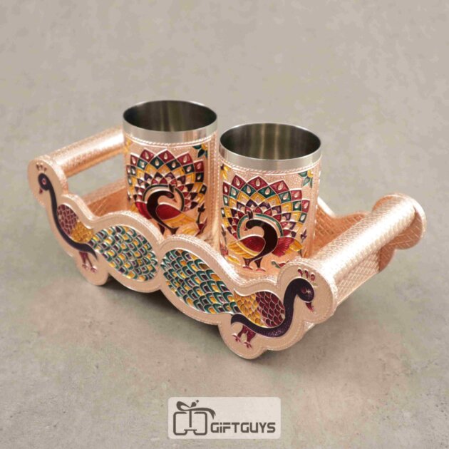 Meenakari Wooden Peacock Tray Set with 2 Matching Steel Glasses – Decorative Gift Set
