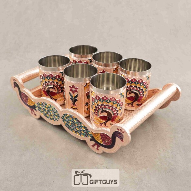 Meenakari Wooden Peacock Tray Set with 6 Matching Steel Glasses – Decorative Gift Set