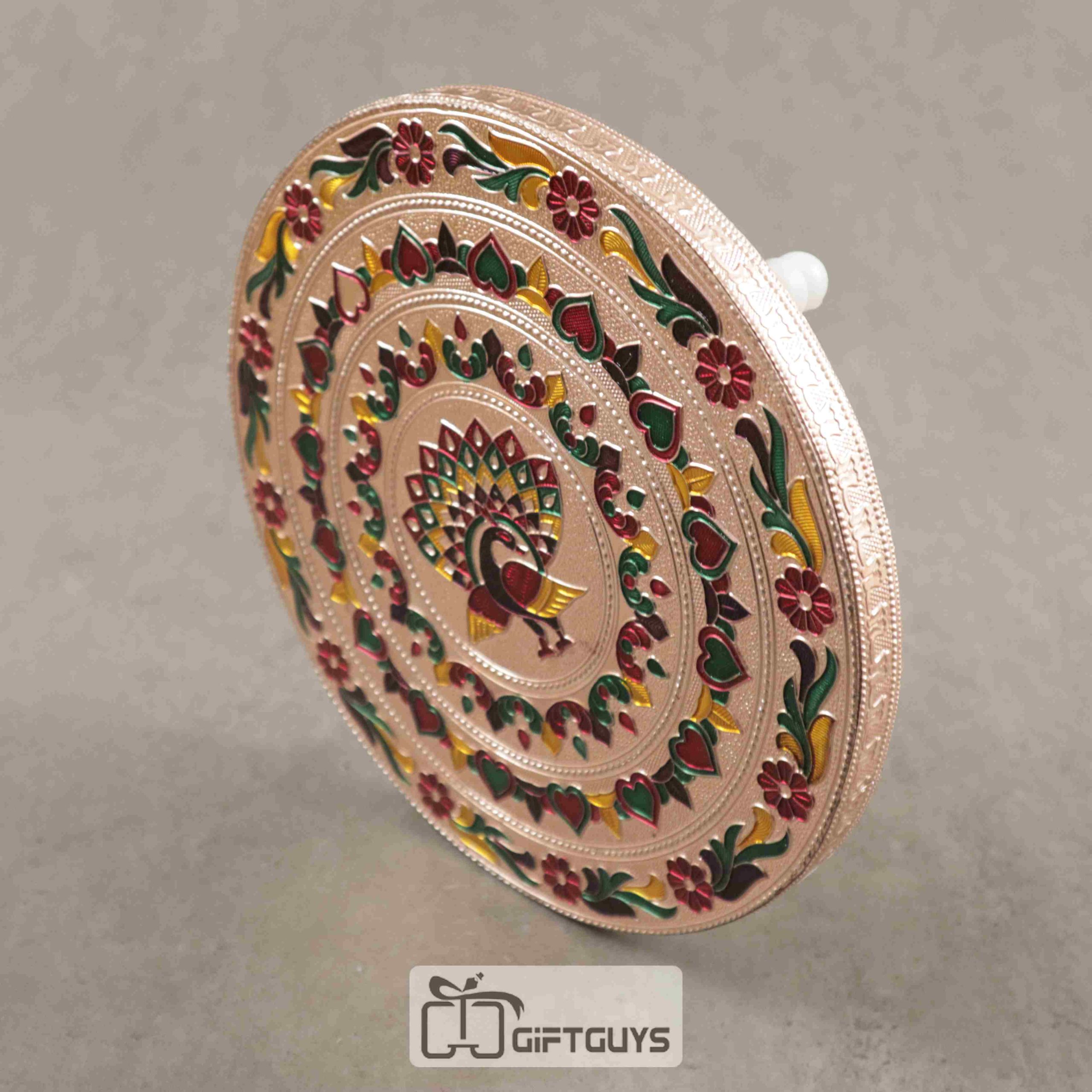 Copper Meenakari Round Shaped Pooja Manai - Image 3