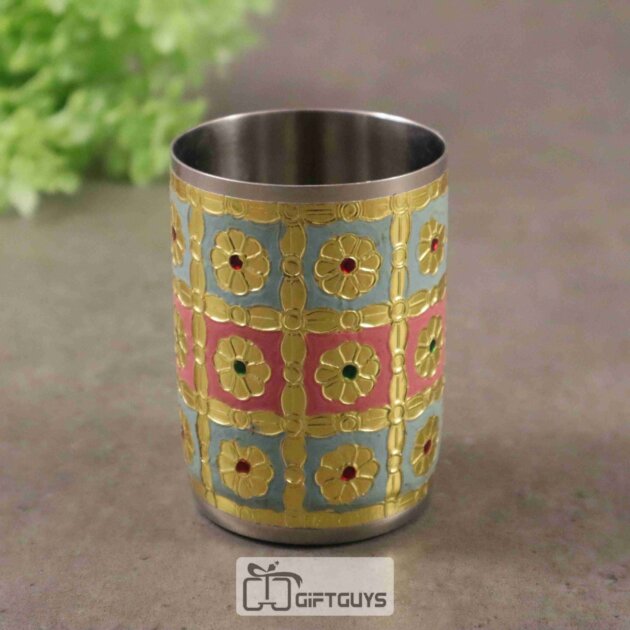 Pink & Blue Meenakari Floral Stainless Steel Glass – Handcrafted 250 ml Traditional Tumbler