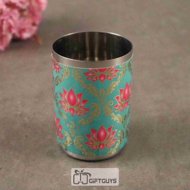 Pichwai Lotus Design Stainless Steel Glass – 250 ml Traditional Tumbler for Home & Gifting