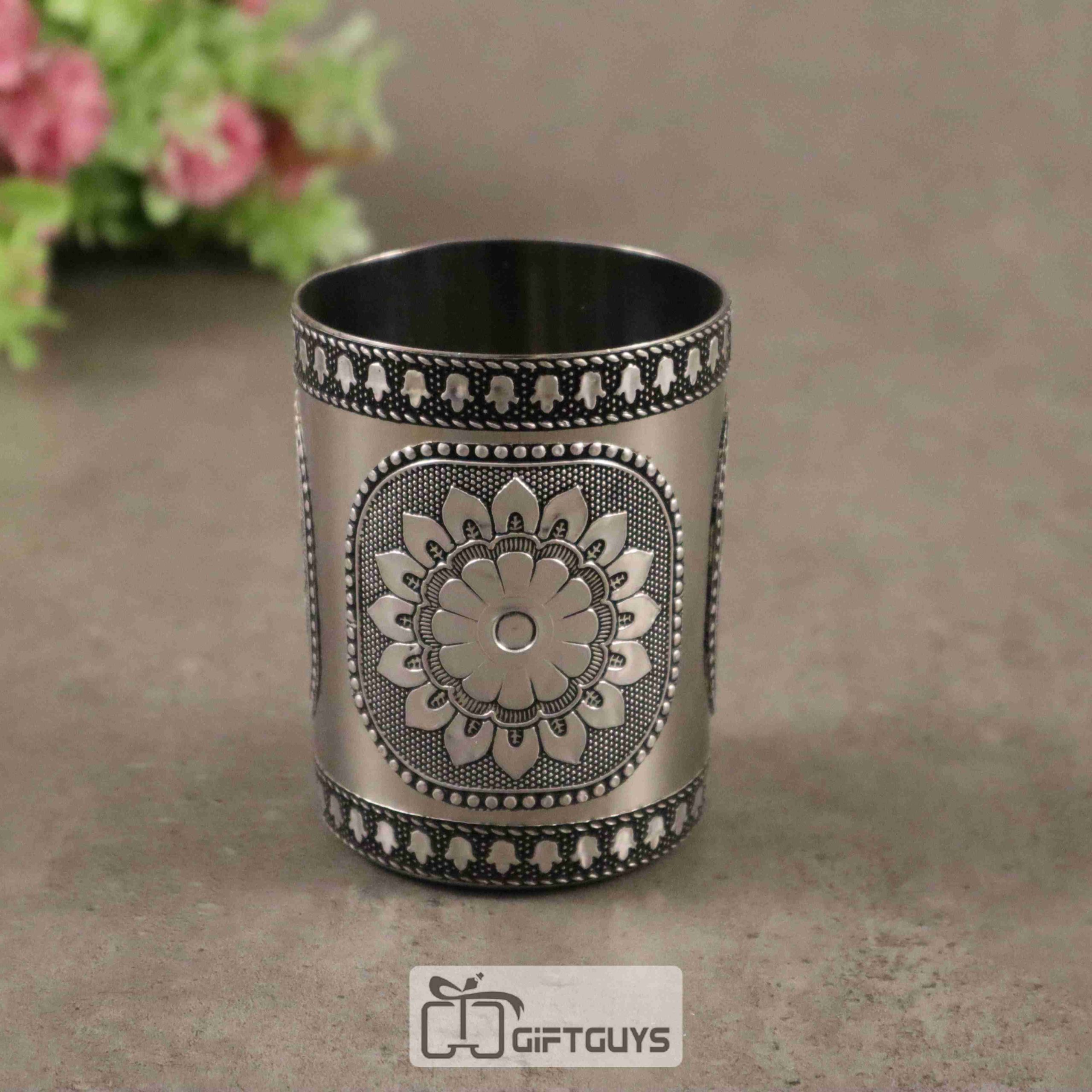 Mandala Design Stainless Steel Glass – 250 ml Floral Engraved Tumbler for Kitchen & Gifting