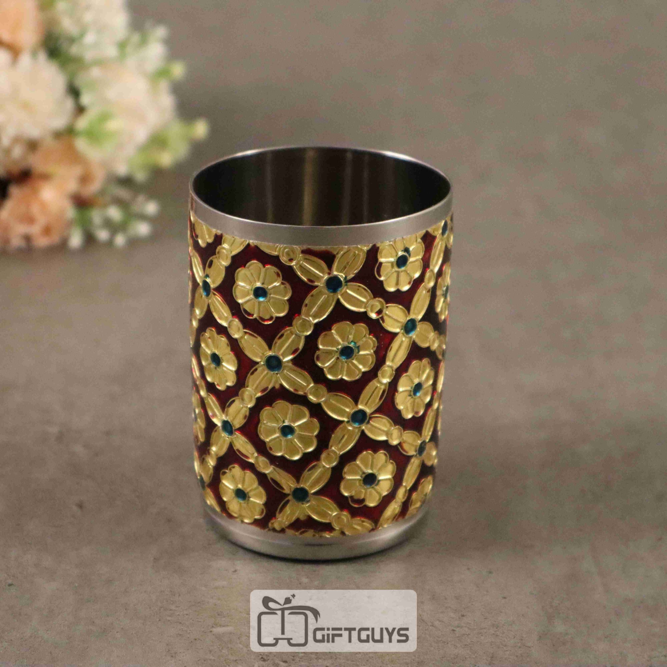 Red Meenakari Floral Stainless Steel Glass – Handcrafted 250 ml Traditional Tumbler