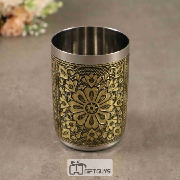 Oxidised Embossed Stainless Steel Glass – 250 ml Vintage Floral Design Tumbler