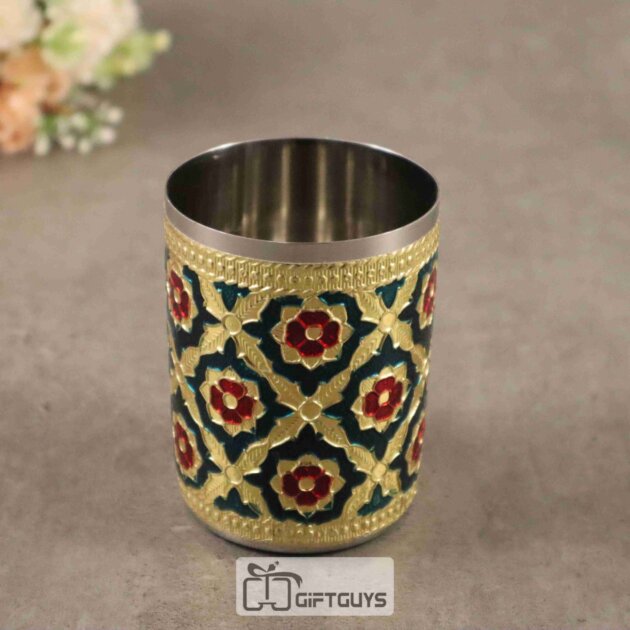 Meenakari Steel Glass | 250ml Designer Drinking Glasses | Traditional Handcrafted Glassware for Home & Gift