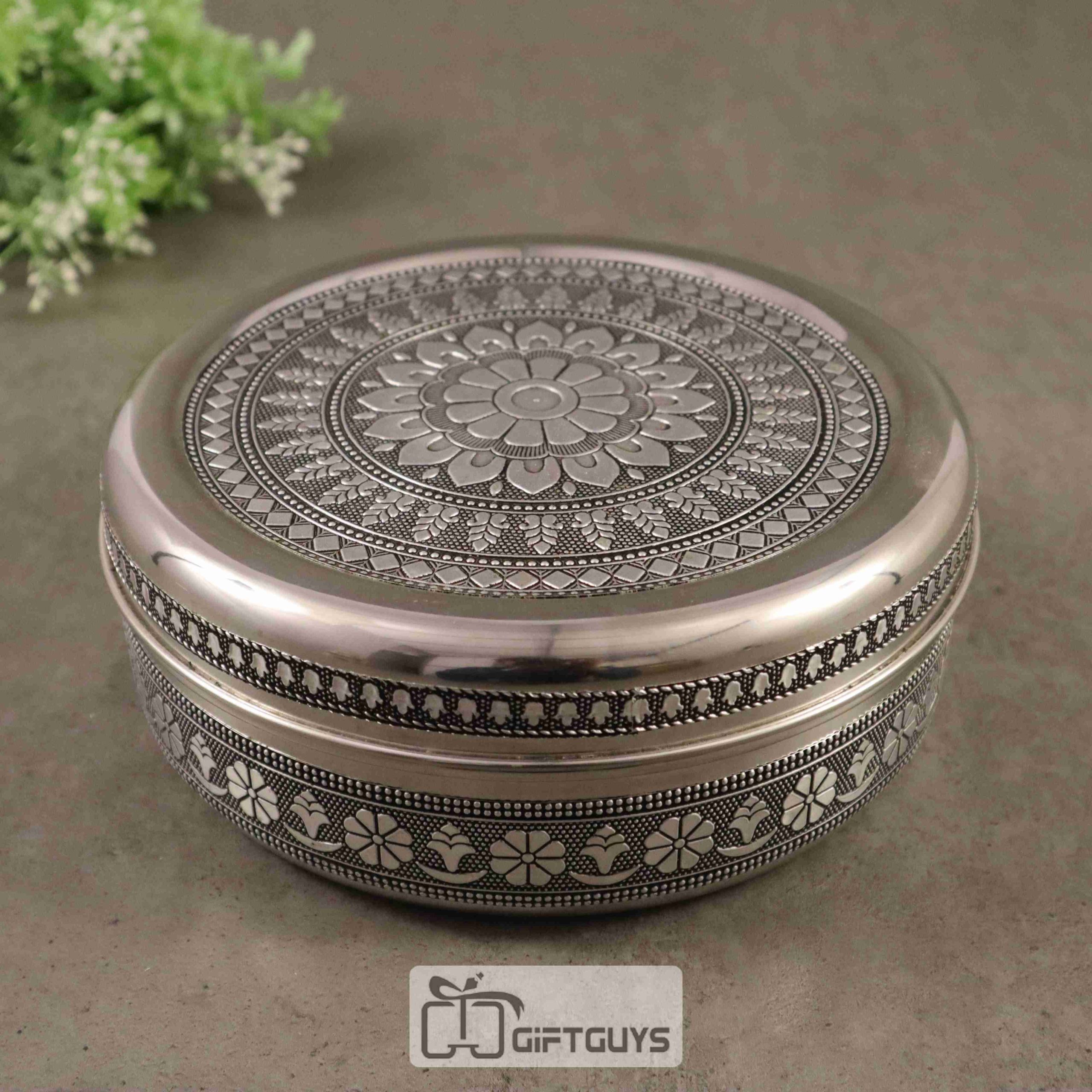 Embossed Silver Finish Steel Box – 8 Inch Decorative Storage & Gift Container
