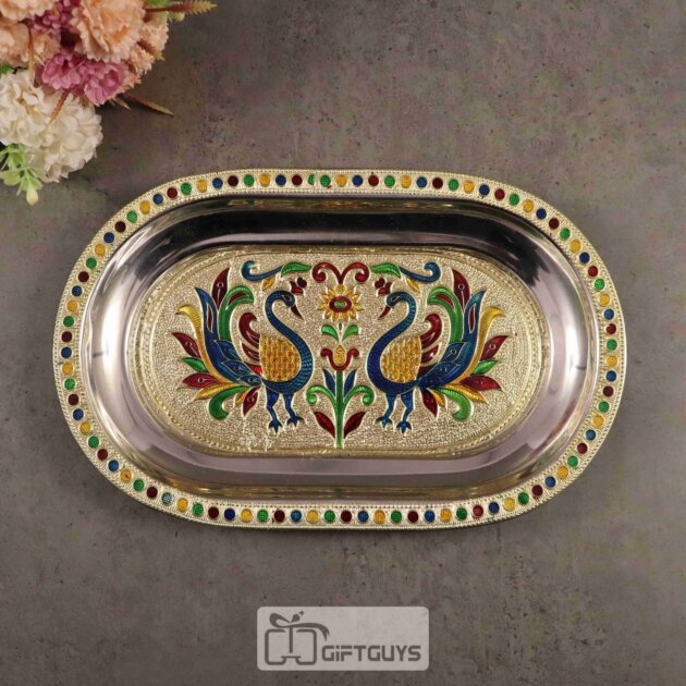 Handcrafted Meenakari Peacock Design Decorative Oval Tray – 10.5 x 6.5 Inch