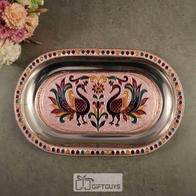 Handcrafted Meenakari Peacock Design Decorative Serving Tray – 10.5 x 6.5 Inch