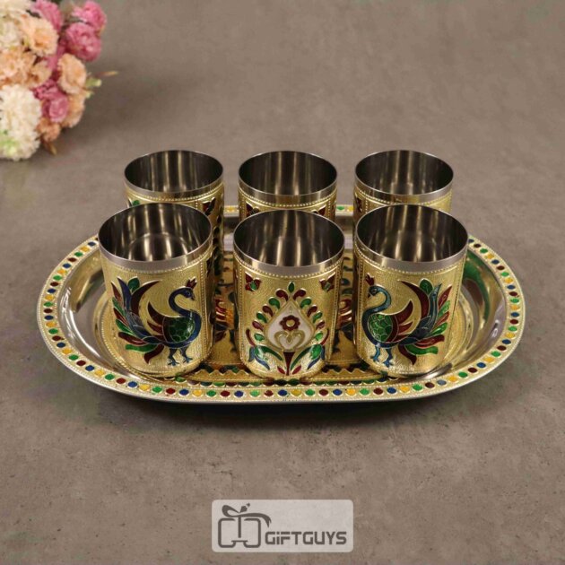 Handcrafted Meenakari Tray Set with 6 Glasses – 12 x 8.5 Inch, 250ml Drinkware Gift Set